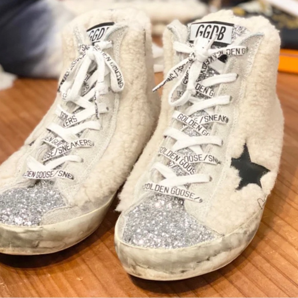 Golden Goose Sherpa Francy Sneakers with Silver Glitter